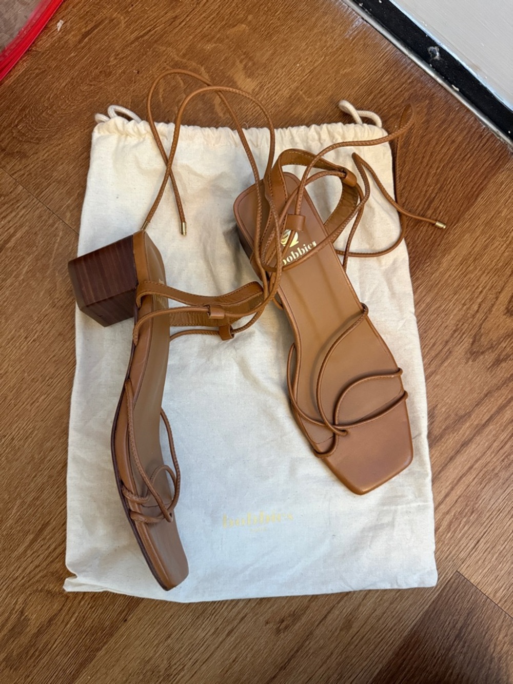 Strappy Brown Block Bobbies Paris Heeled Sandals with Ankle Wrap